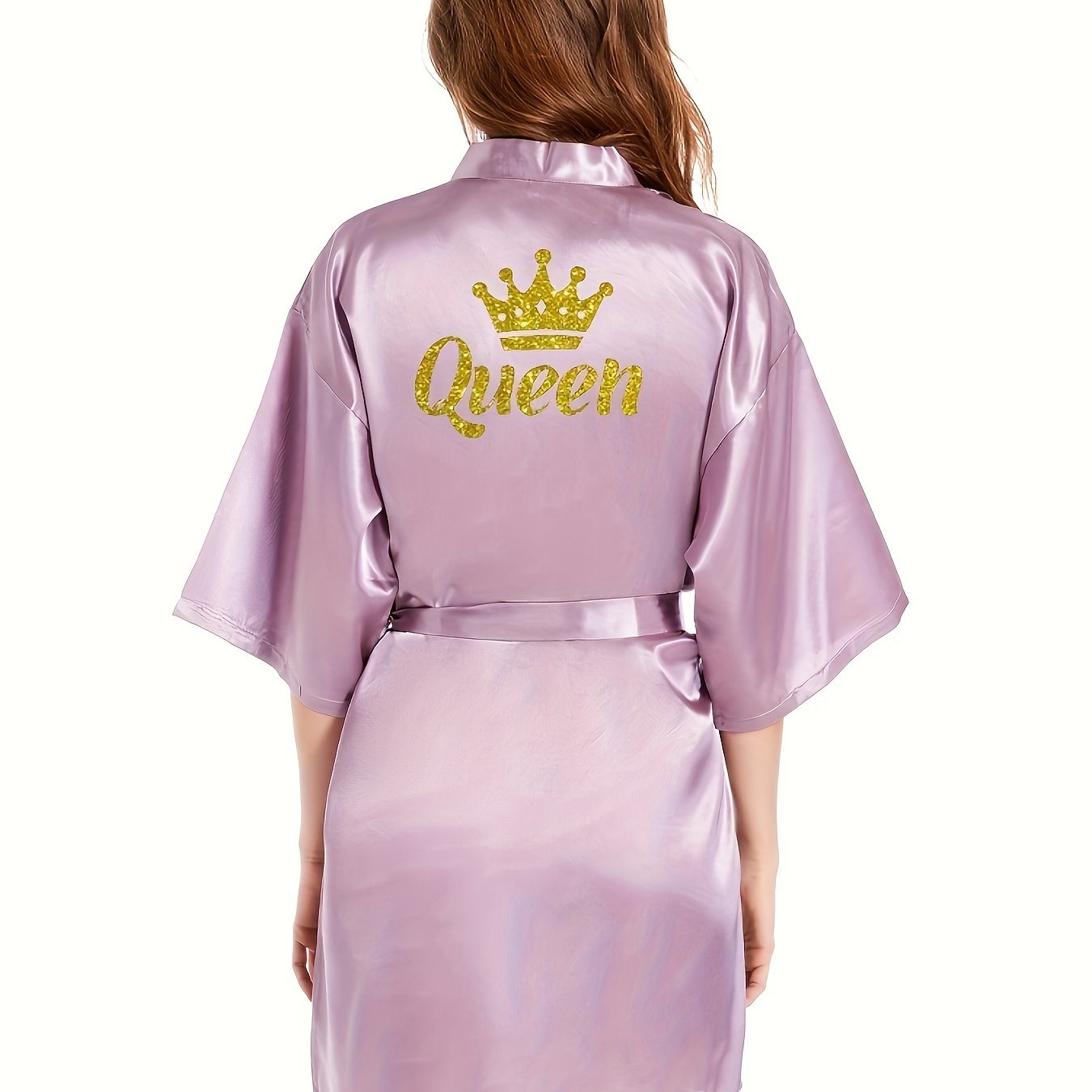 Women's Night Robe with Queen Letter Pattern V-Neck 3/4 Sleeves Belt Polyester
