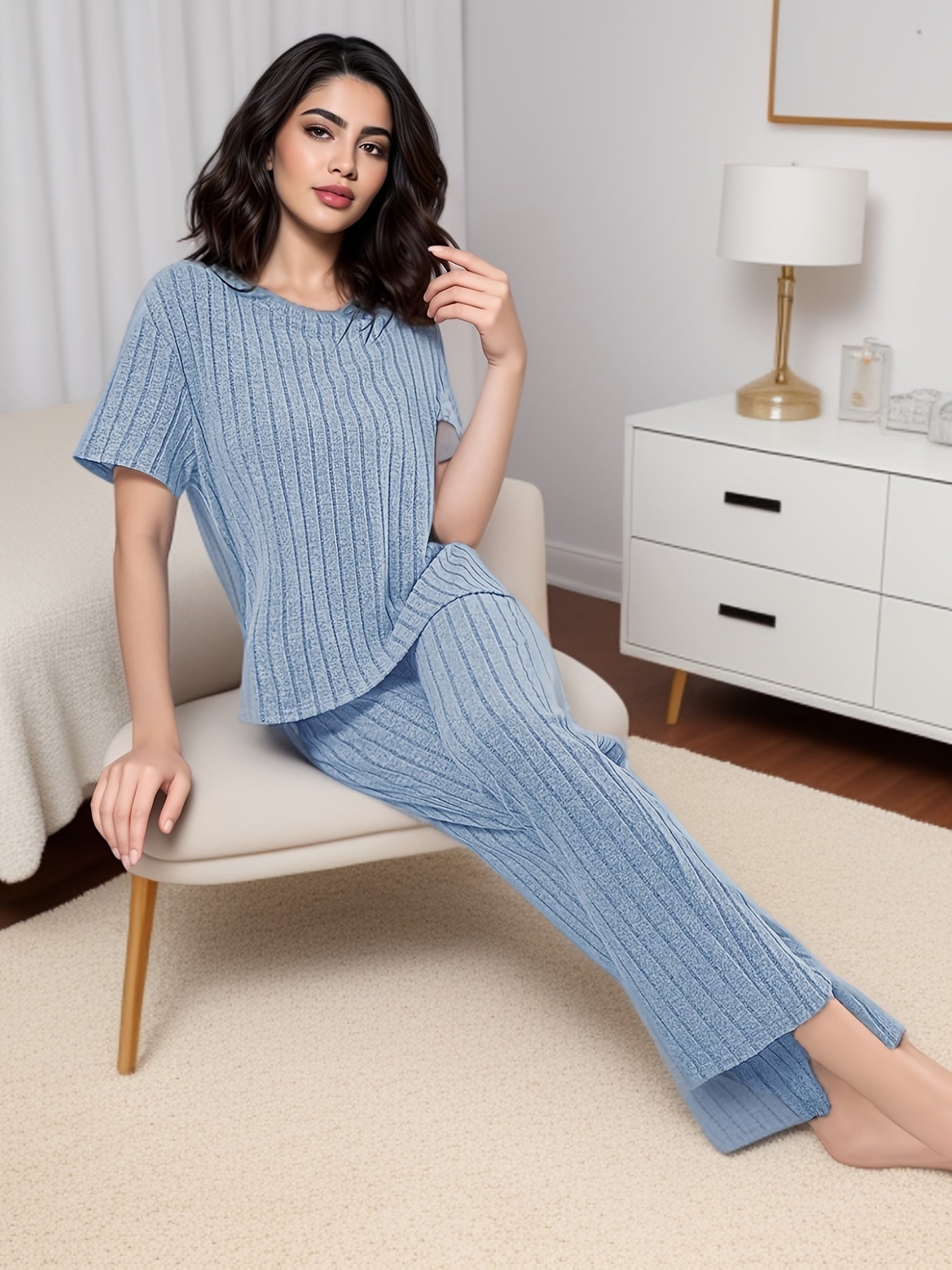 Women's Solid Ribbed Lounge Set with Short Sleeve Top and Pants Comfortable Loose Fit Fall Winter