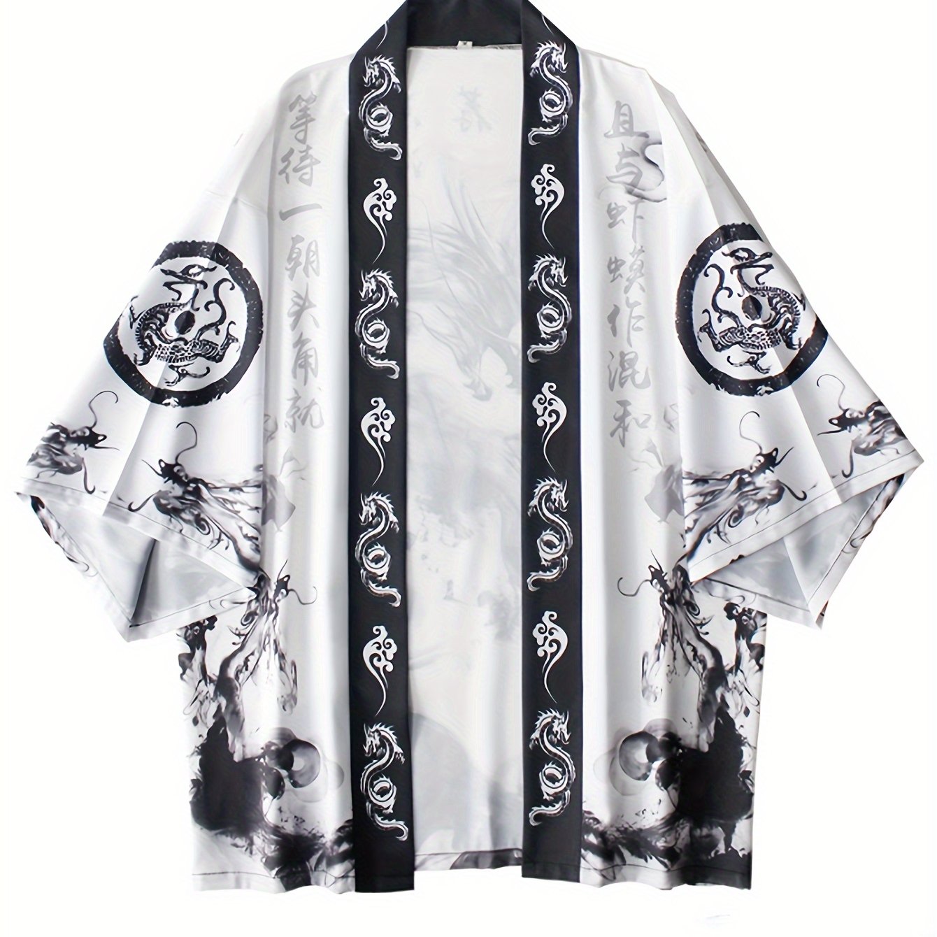 Men's Lightweight Kimono Cardigan with Dragon Print, 3/4 Sleeves, Open Front