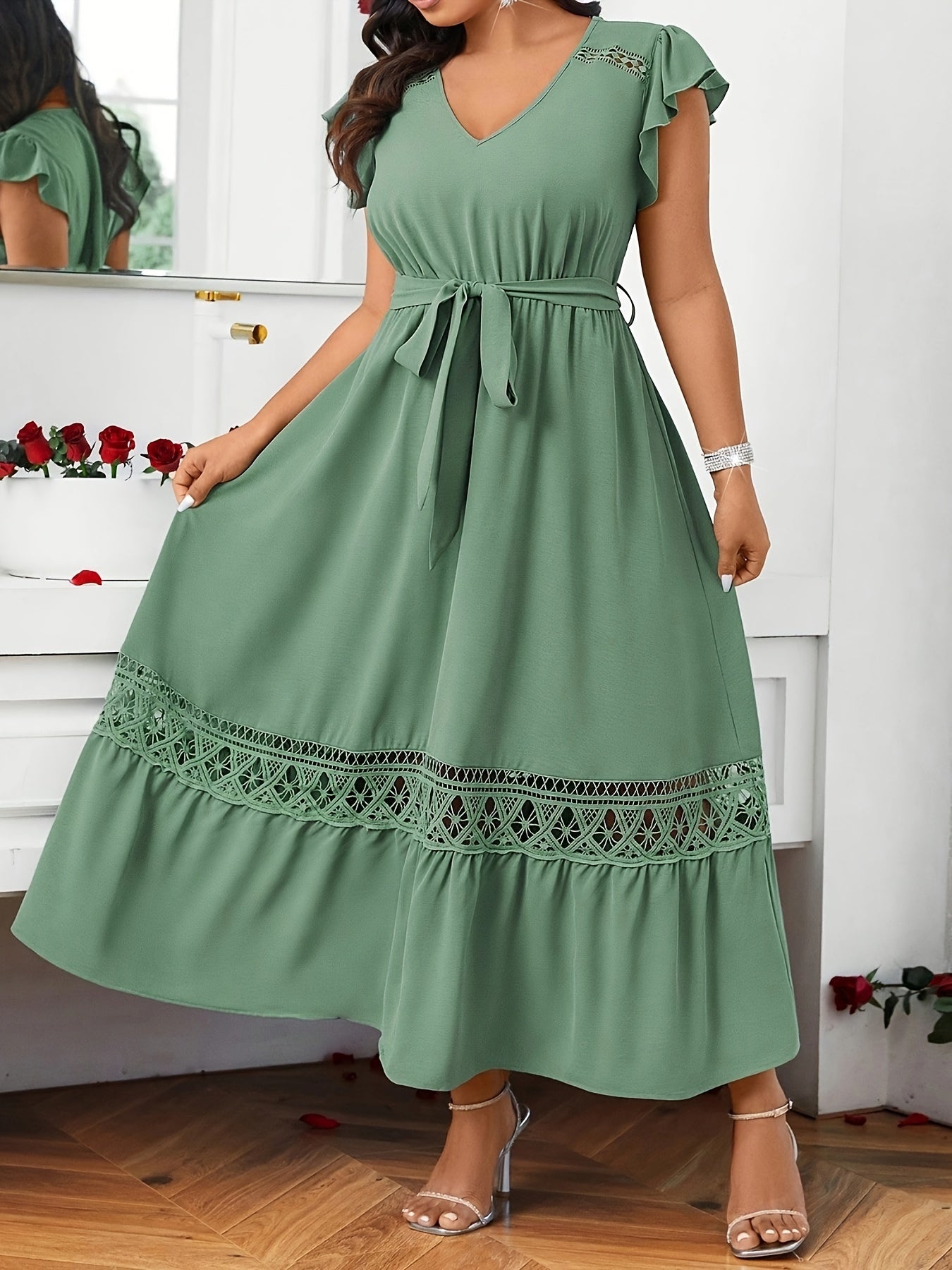 Women's Casual Midi Dress with Ruffle Sleeves and Belt in Solid Polyester