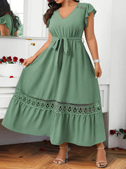 Women's Casual Midi Dress with Ruffle Sleeves and Belt in Solid Polyester