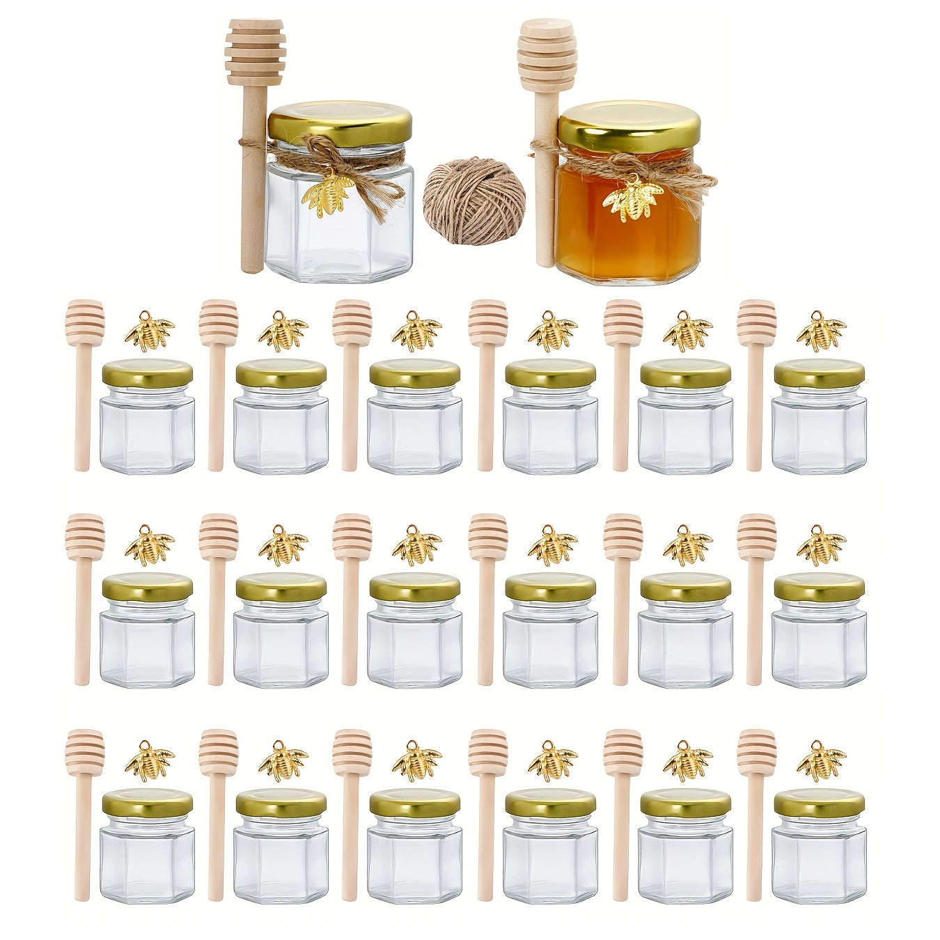 Mini Hexagon Glass Honey Jars 1.5 oz with Wood Dipper and Golden Lid for Jam Candies Favors