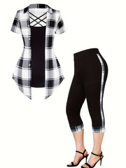 Plus Size Women's Casual 3-Piece Plaid Knit Set Polyester Elastane Large