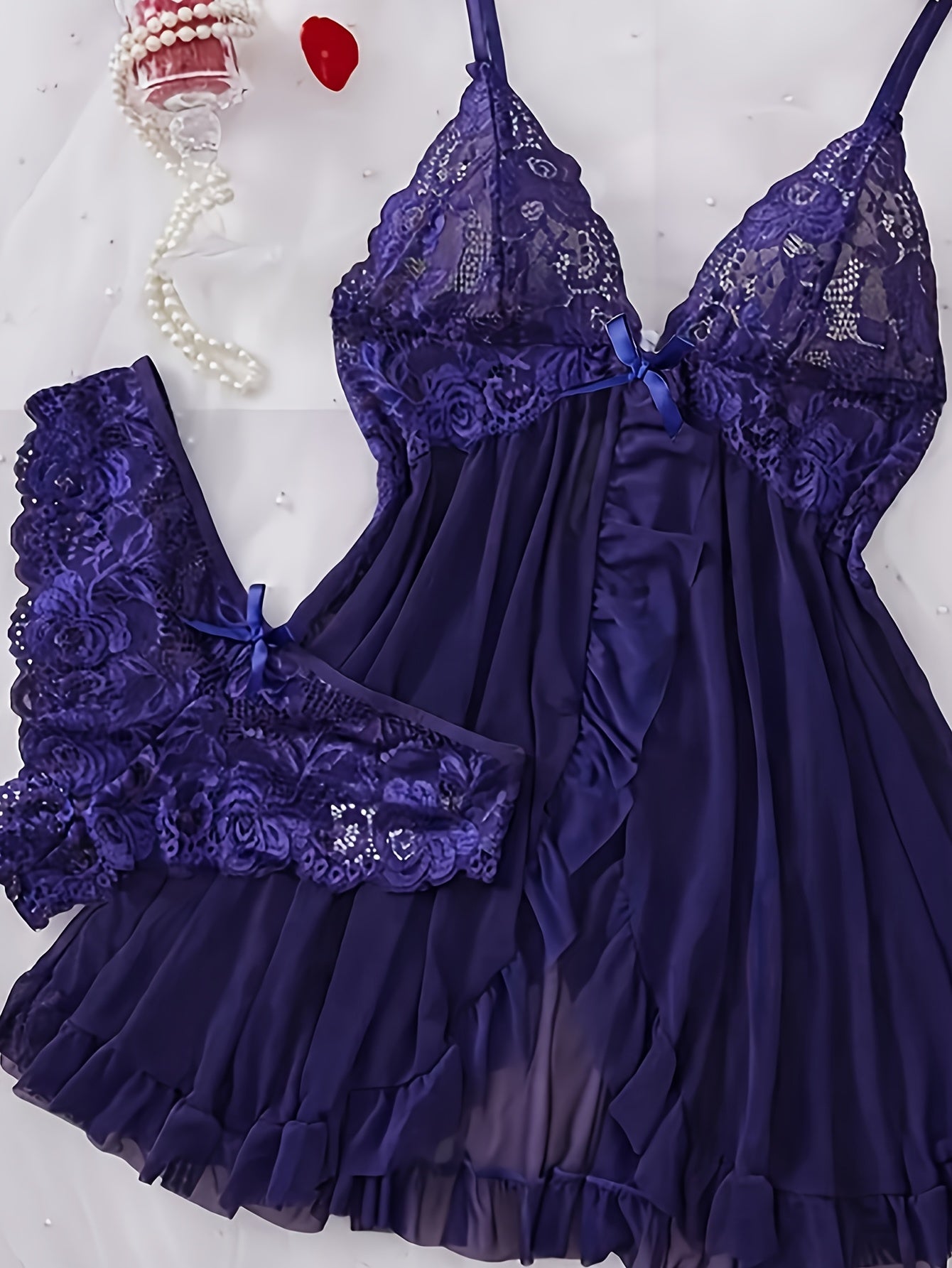 Women's Lace Nightgown with Deep V Back Bow Detail and Asymmetrical Hem