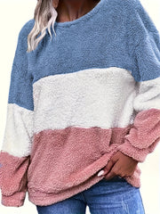 Plus Size Women's Fleece Hoodie Color Block Striped Loose Fit Pullover Winter Warmth