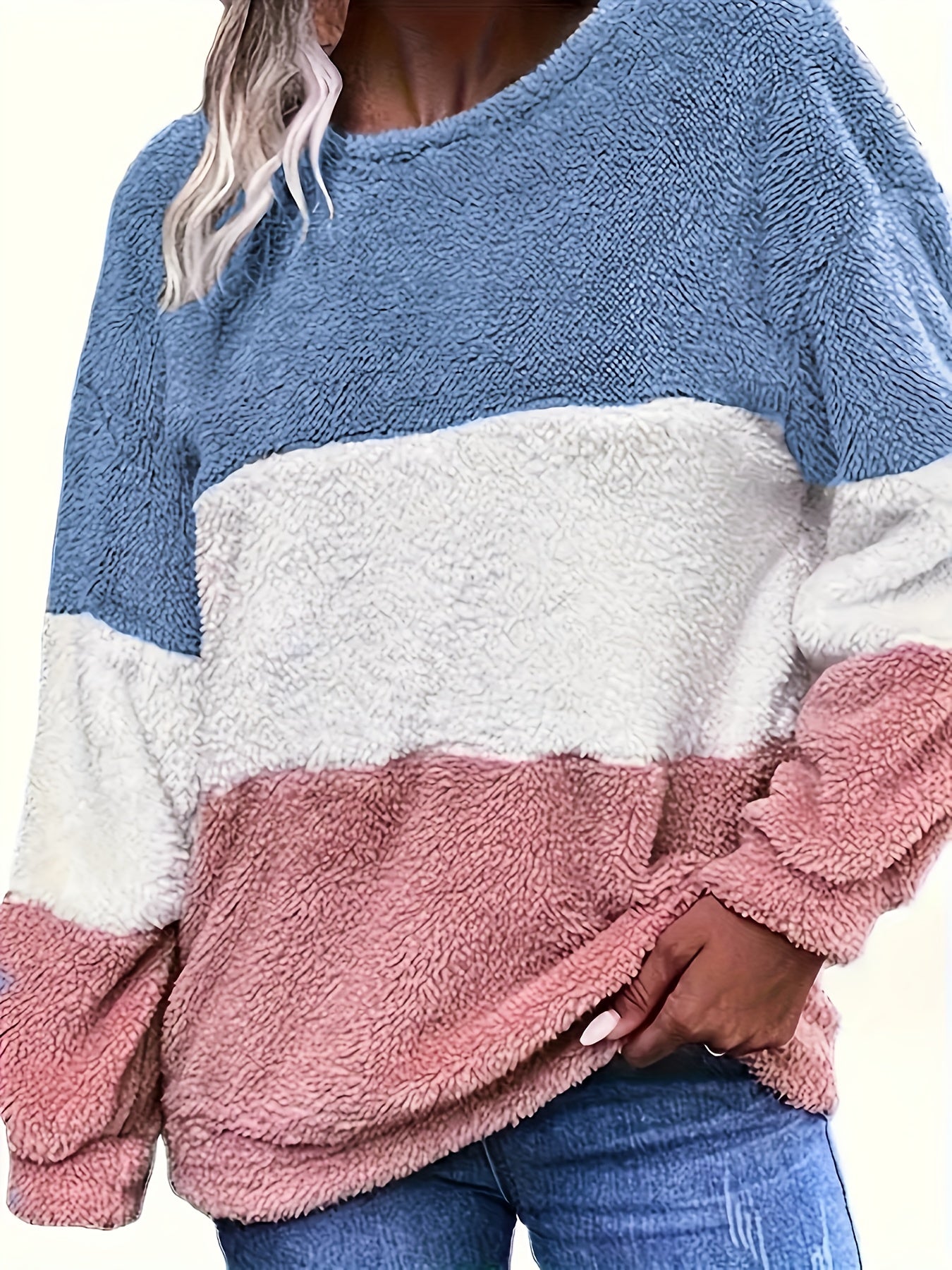 Plus Size Women's Fleece Hoodie Color Block Striped Loose Fit Pullover Winter Warmth