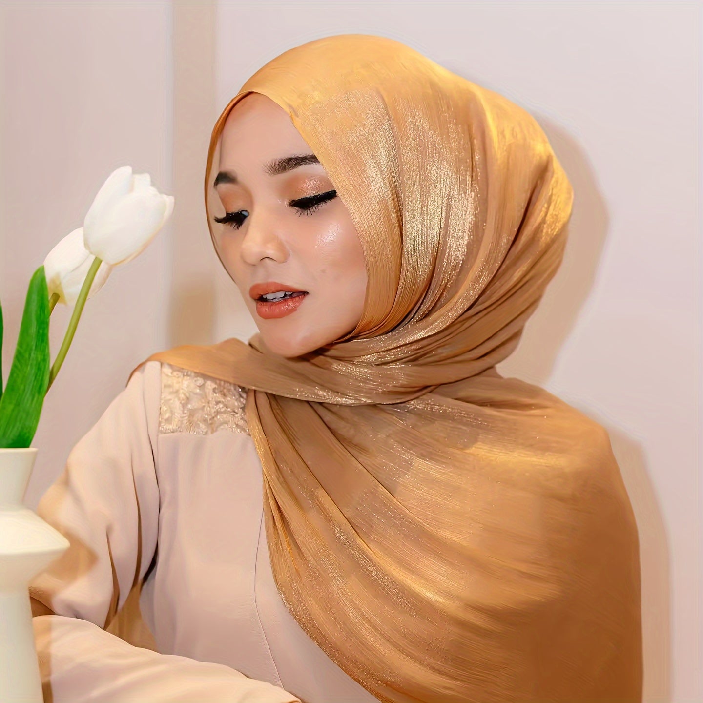 Yog'och rangli chiffon hijab, ayollar uchun engil pleatsli sharf, Ramazon va kundalik kiyim uchun