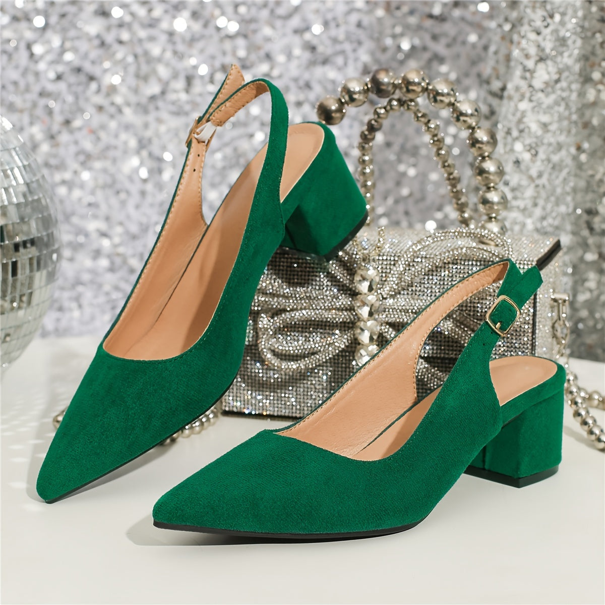 Women's Black Velvet Pointed Toe Pumps with Ankle Strap and Mid Heel