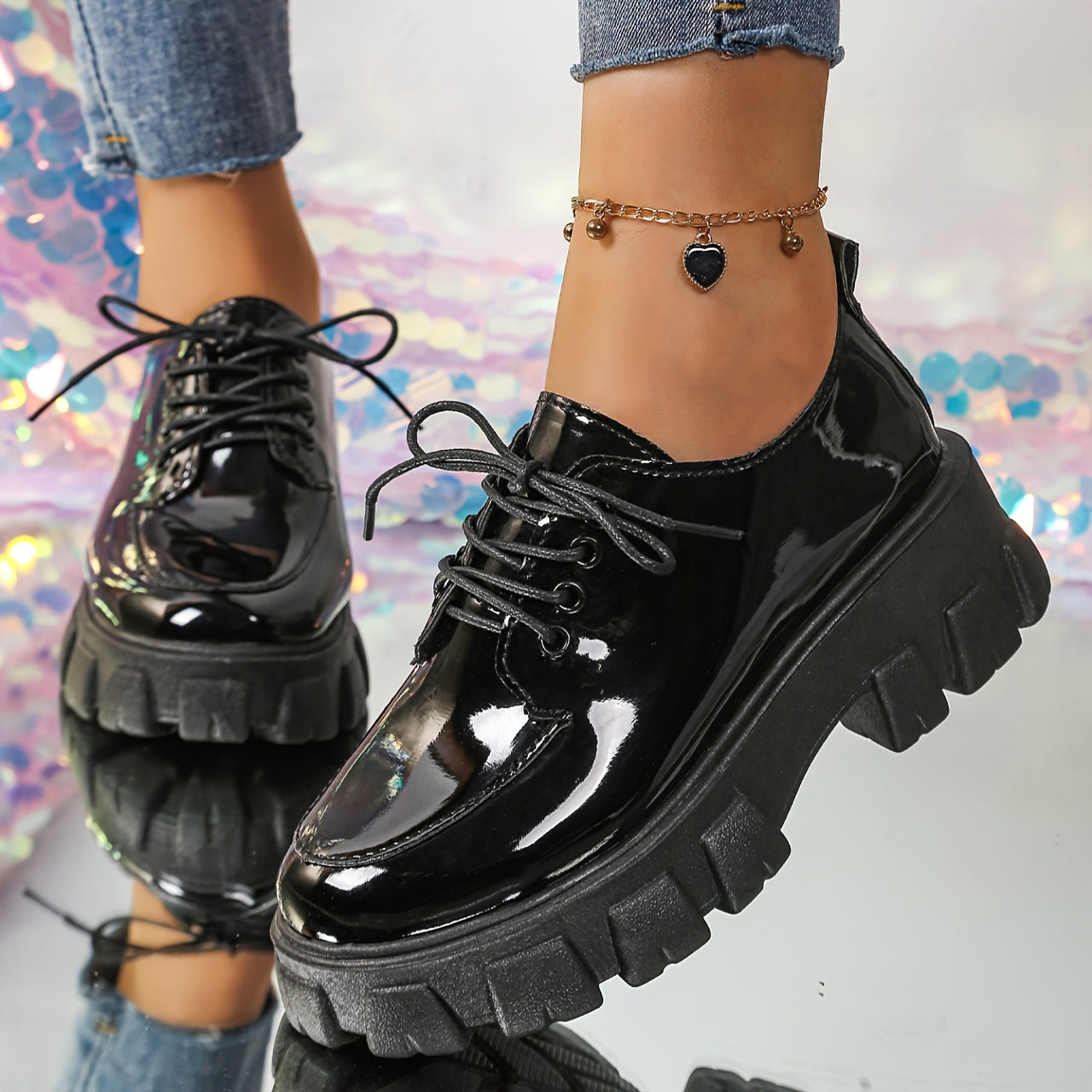 Women's Chunky Platform Loafers Glossy Black PU Lace-Up Shoes