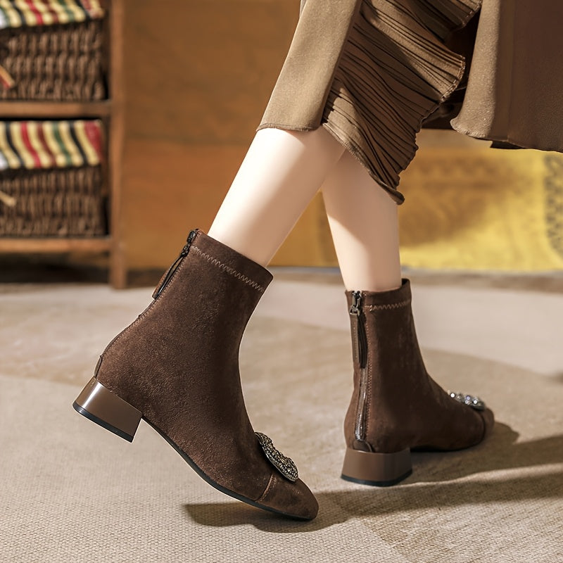 Women's Faux Leather Mid-Heel Boots with Rhinestone Buckle and Zipper