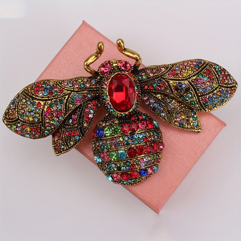 Antique Style Rhinestone Bee Brooch Pin with Irregular Shape and Multicolored Gemstone Inlay