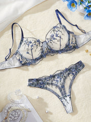 Women's Flower Design Lingerie Set with Semi-Sheer Mesh Bra and Thong