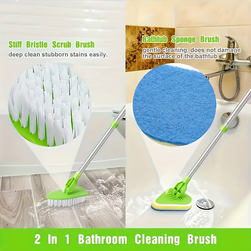3-Piece Long-Handle Shower Cleaning Brush Set Extendable Sponge Hard Brush Bathroom Kitchen