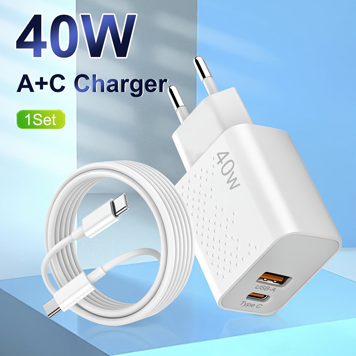 40W Ikki portli USB-C devor zaryadlovchi tez zaryadlash uchun iPhone Samsung bilan 100cm kabelli