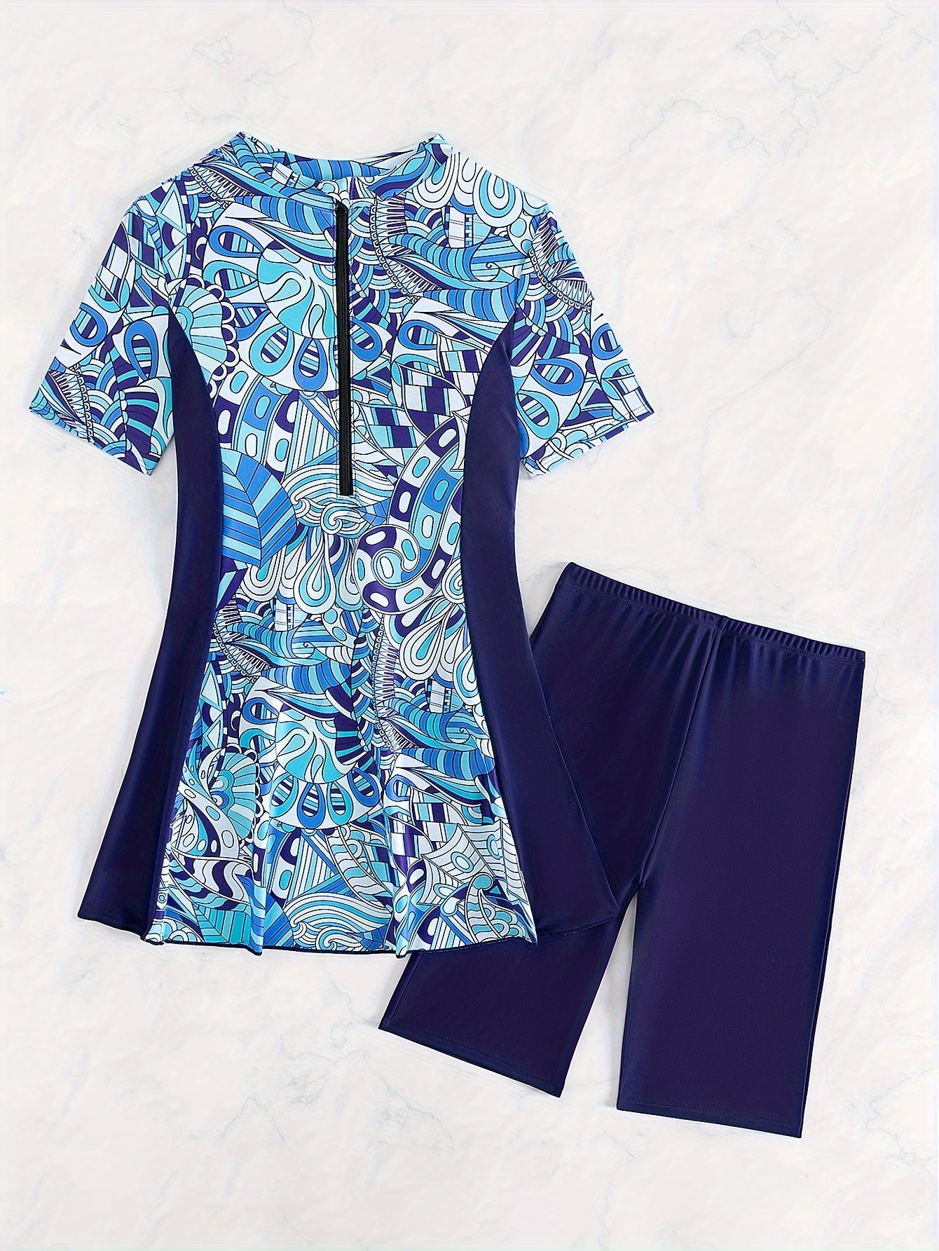 Paisley Print Two-Piece Sports Swimsuit for Women Polyester Elastane High Stretch