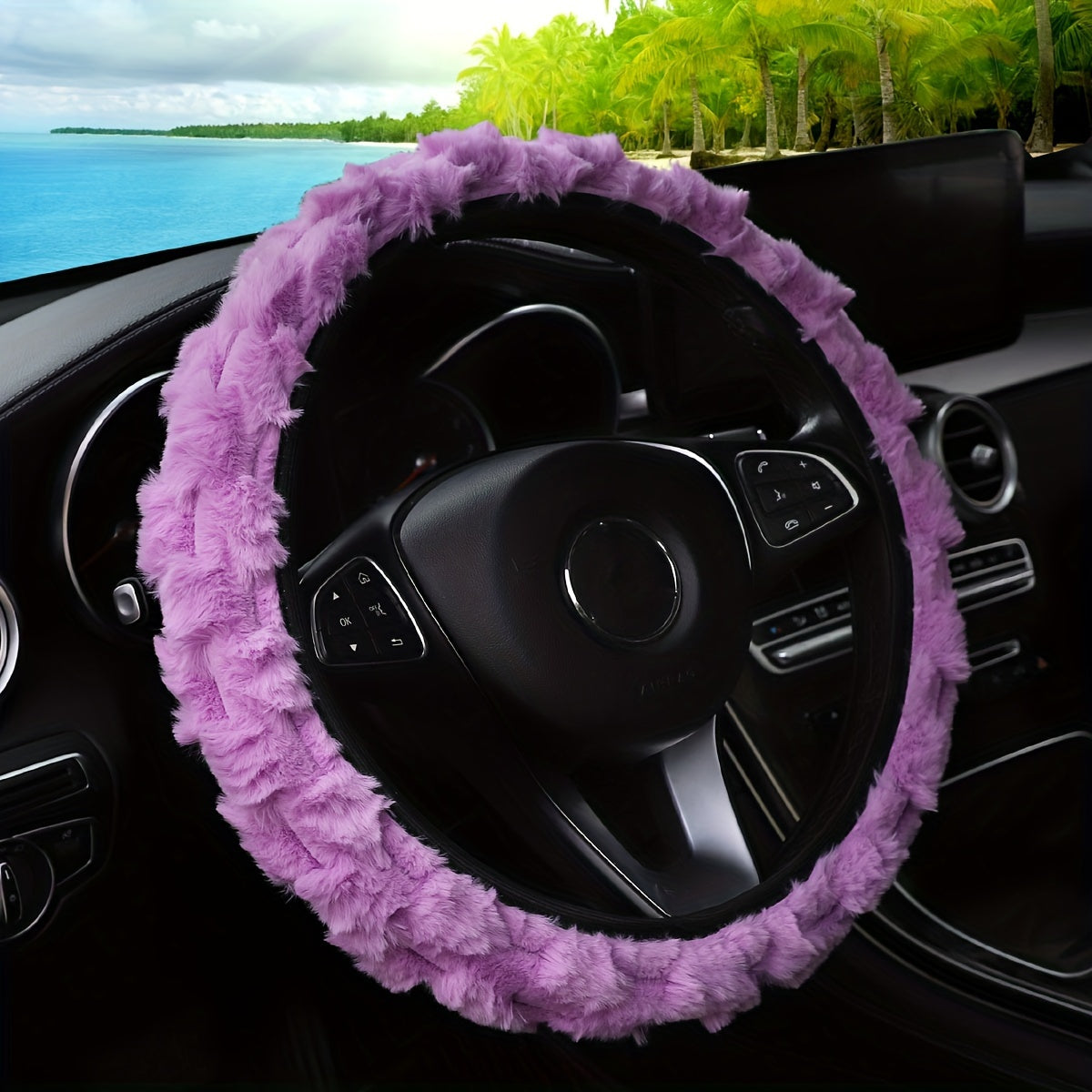 Winter Plush Car Steering Wheel Cover Faux Rabbit Fur Black White Stitching