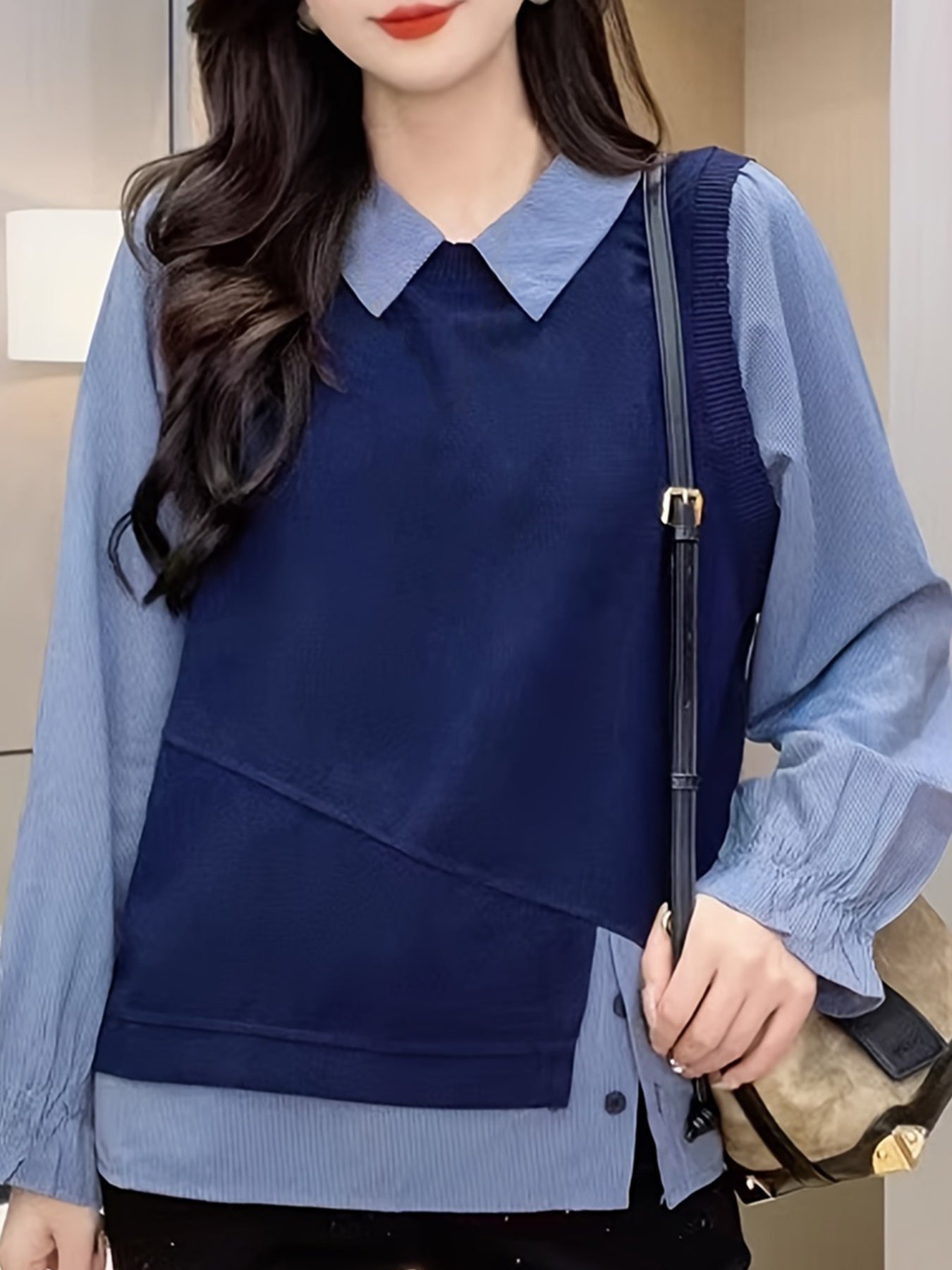 Women's Slim Fit Faux Two-Piece Pullover Shirt Patchwork Design