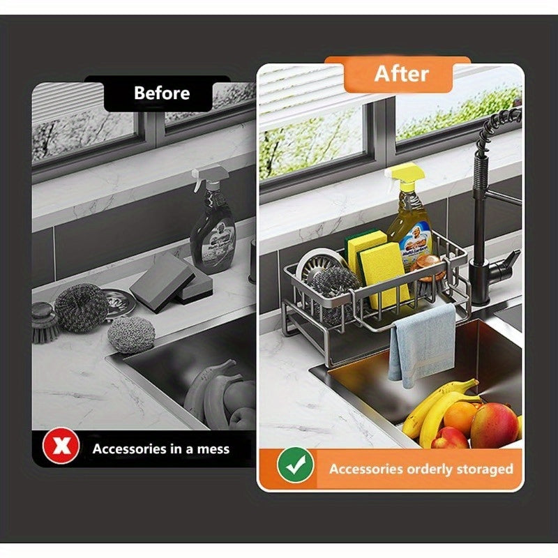 Soporte de esponja de plástico para lavabo de baño y organizador de fregadero de cocina con bandeja de drenaje