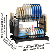 Estante para secar platos de acero inoxidable de 2 niveles con bandeja de drenaje y soporte para utensilios