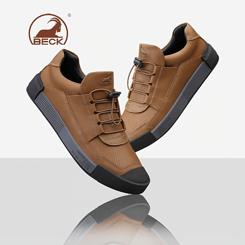 Men's Leather Sneakers with Striped Lace-Up Design, Rubber Sole, Breathable Fabric Inner