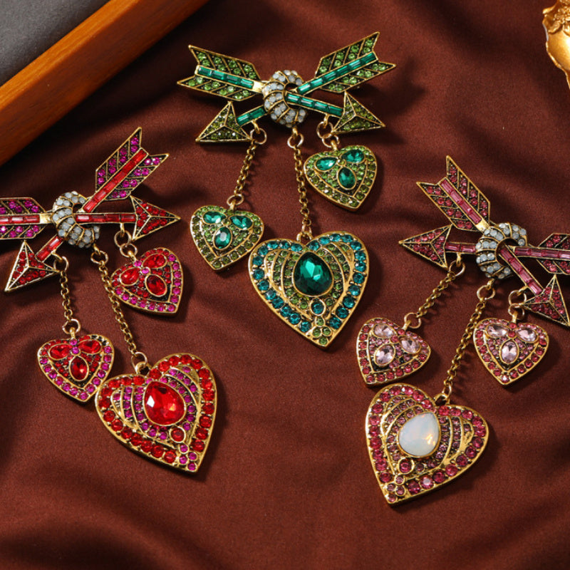 Vintage Heart Brooch with Cupid Arrow and Tassel Accent