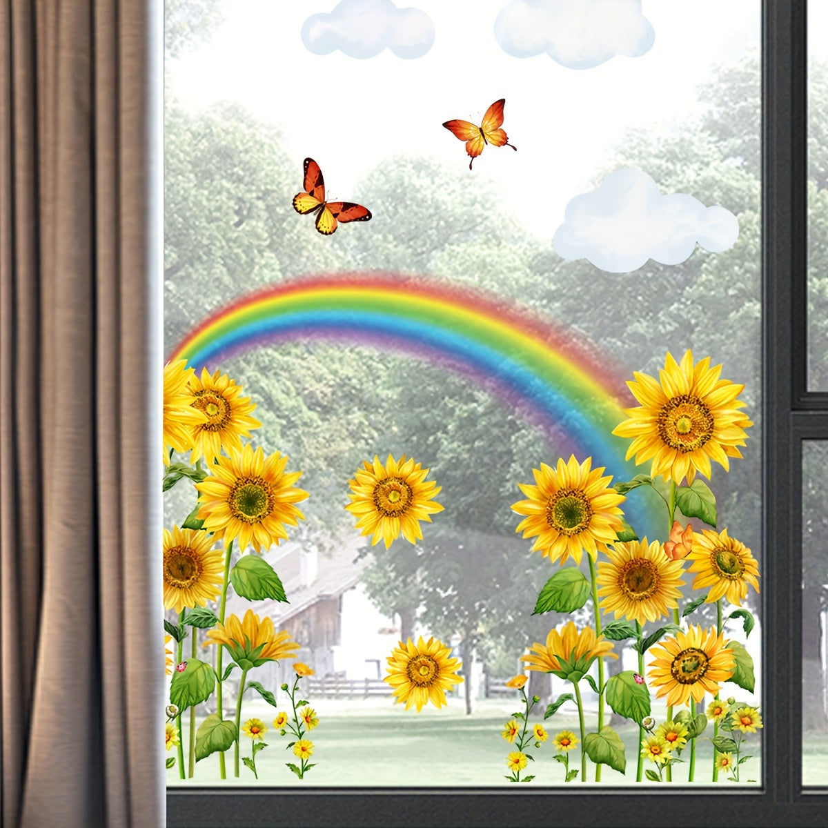 Double-Sided Sunflower and Rainbow Butterfly Window Decal Self-Adhesive PVC Sticker