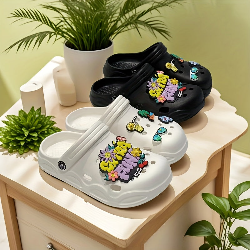 Women’s EVA Beach Clogs Black Pink with Playful Accessory Charms