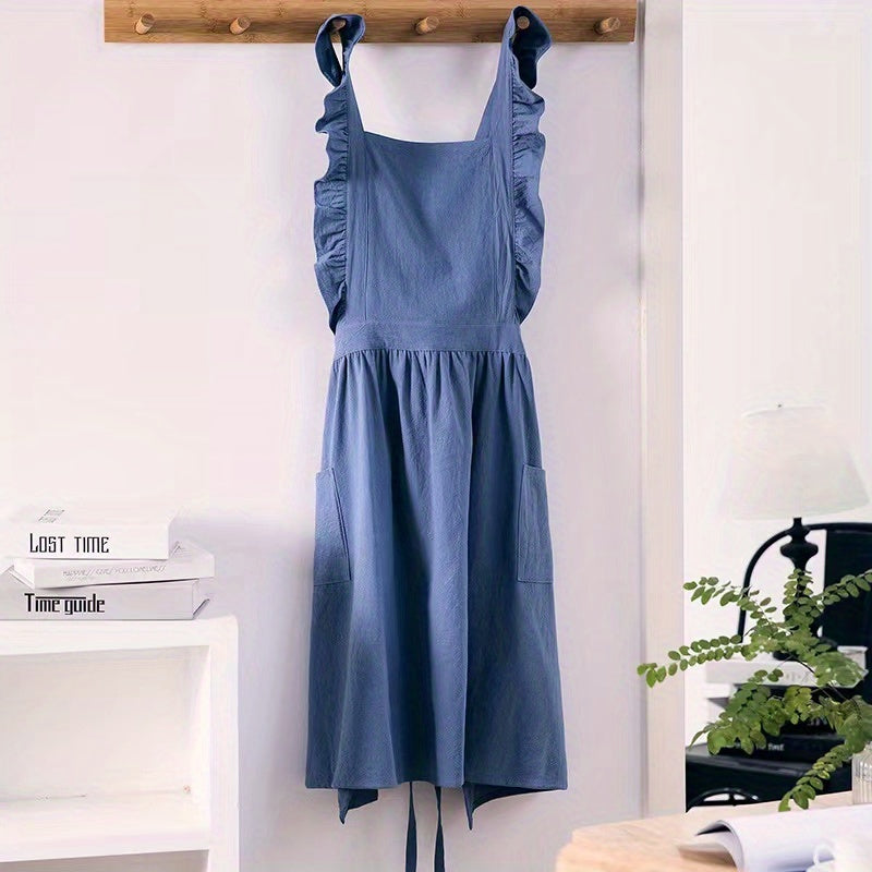 Women's Woven Fabric Apron with Pockets Solid Color 180gsm