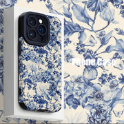Funda de TPU con diseño floral azul para iPhone 16 Pro Max y otros modelos con cubierta de silicona anticaídas y cuero