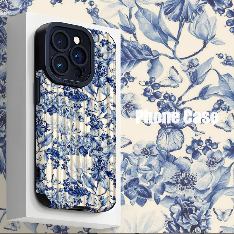 Funda de TPU con diseño floral azul para iPhone 16 Pro Max y otros modelos con cubierta de silicona anticaídas y cuero