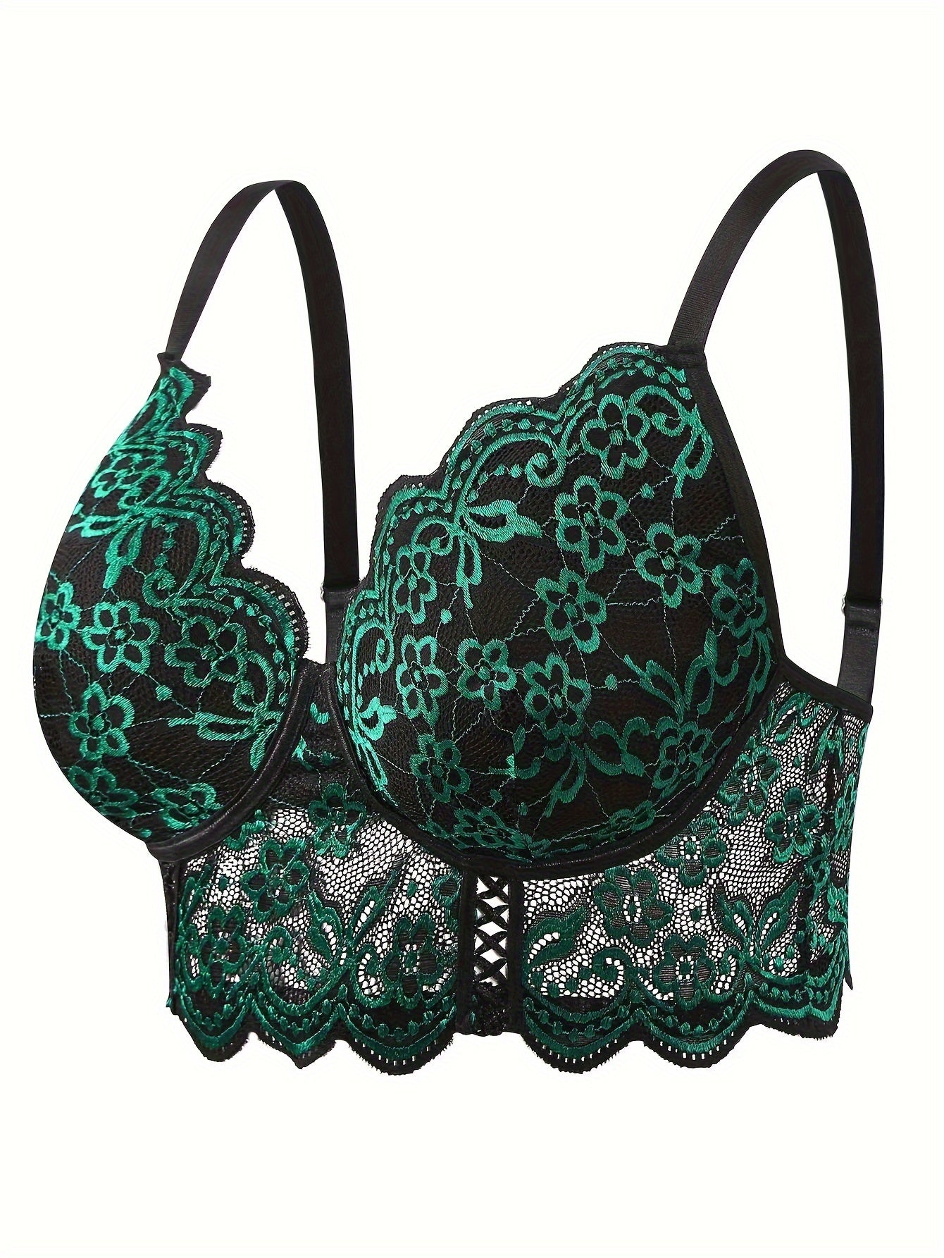 Бюстгальтер для женщин больших размеров с жаккардовым кружевом, застежкой спереди, V-образным вырезом, черный с зеленым цветочным принтом