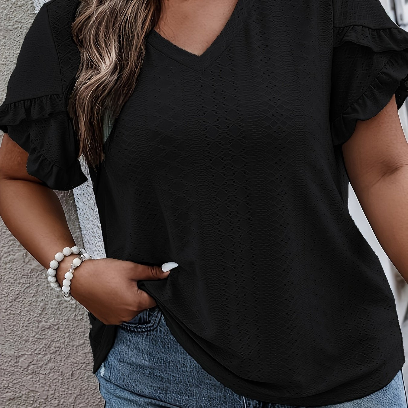 Plus Size V-Neck Blouse with Ruffled Sleeves Textured Jacquard Casual Top
