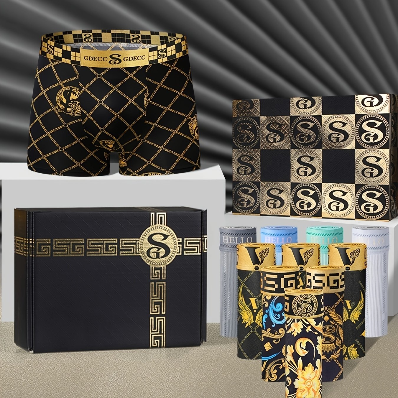 Men's Boxer Briefs Set of 5 Black and Gold Leopard Rainbow Chain Quick-Dry Breathable Summer Fabric