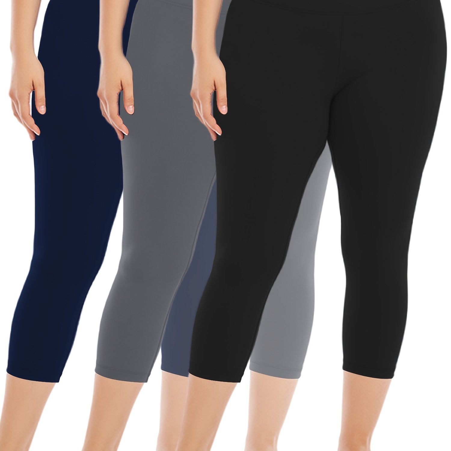 Plus Size High-Waist Capri Leggings Stretch Polyester Elastane Solid Color 3 Pack