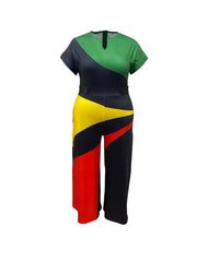 Women's Color-Block V-Neck Short Sleeve Jumpsuit Wide Leg Casual