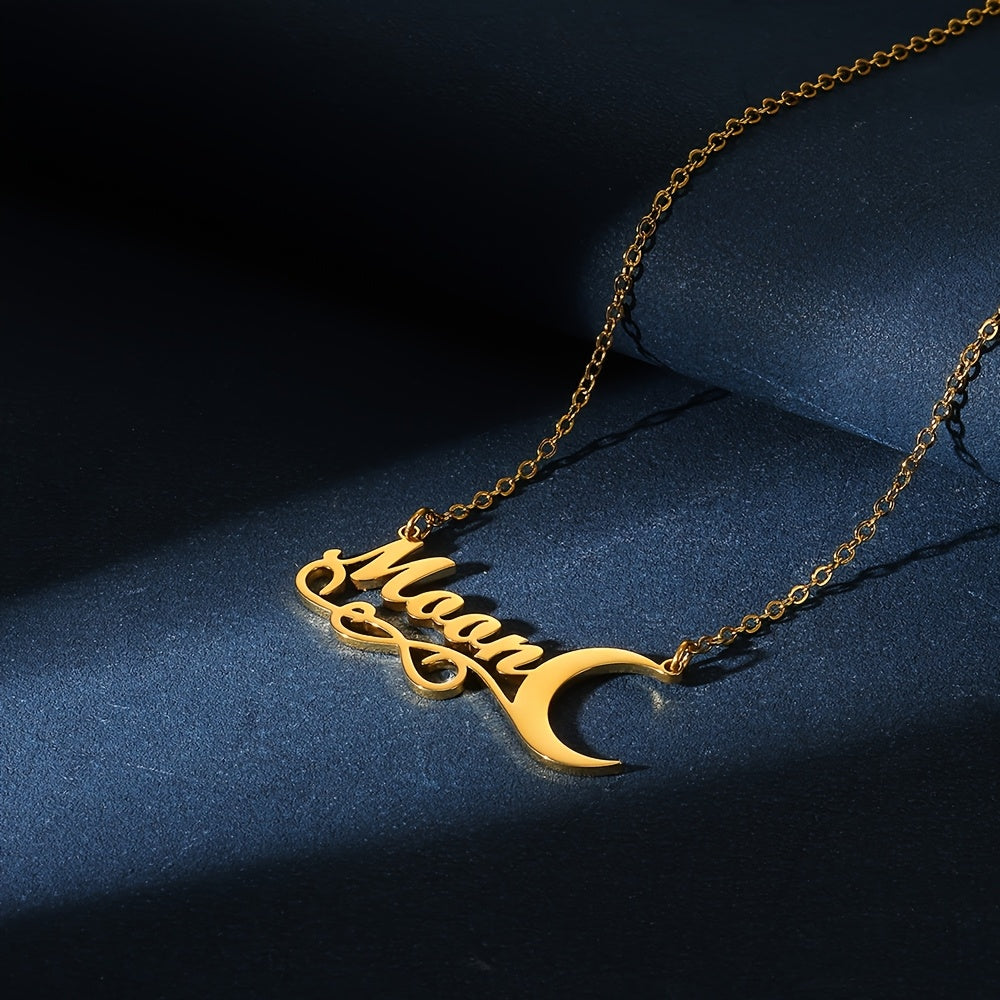 Zamonaviy Shaxsiylashtirilgan Oydan va Bargdan Iborat Ism Pendanti - Paslanmaydigan Po'latdan Yasalgan, Vintage Uslubidagi Harflar Zargarligi Ayollar Uchun - Har Kuni Kiymoq Uchun Ideal, Moslashtiriladigan, G'oyalar Yozilgan Plak