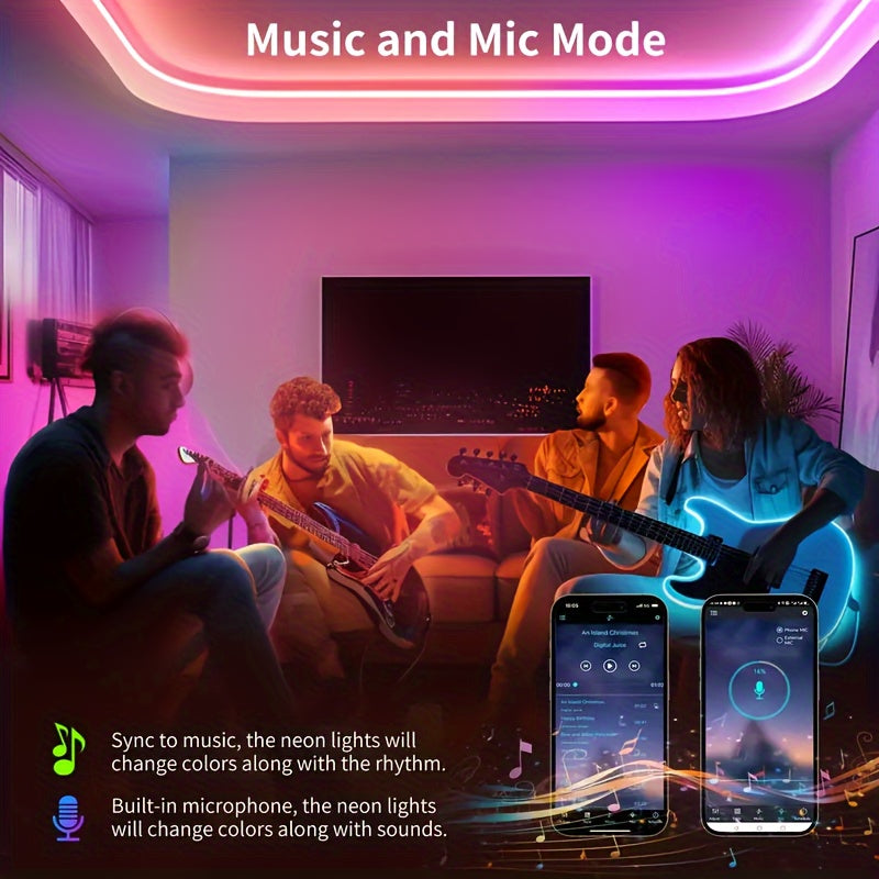 AMill LED Neon Lenta Yoritgichlari - 100.58/298.7/499.87sm, Musiqa Sinxronizatsiyasi, Ilova Bilan Boshqarish, Ichki/Tashqi Dekor uchun Moslashuvchan RGB+IC Yoritish, Bayramlar, USB Bilan Quvvatlanadi