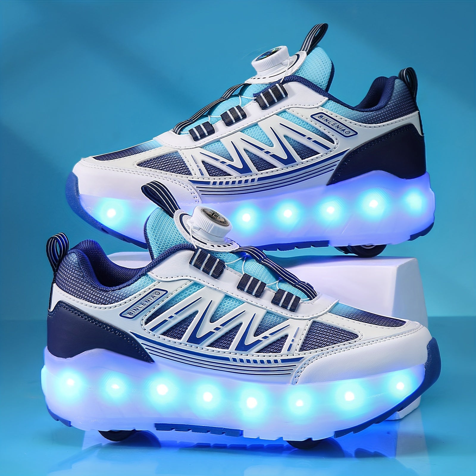 Boys' LED Roller Skate Sneakers Mesh Upper Blue Glowing Lights Casual Sports