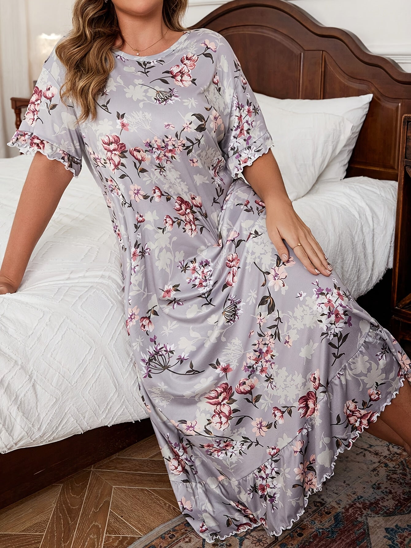 Plus Size Floral Print Short Sleeve Nightgown Dress