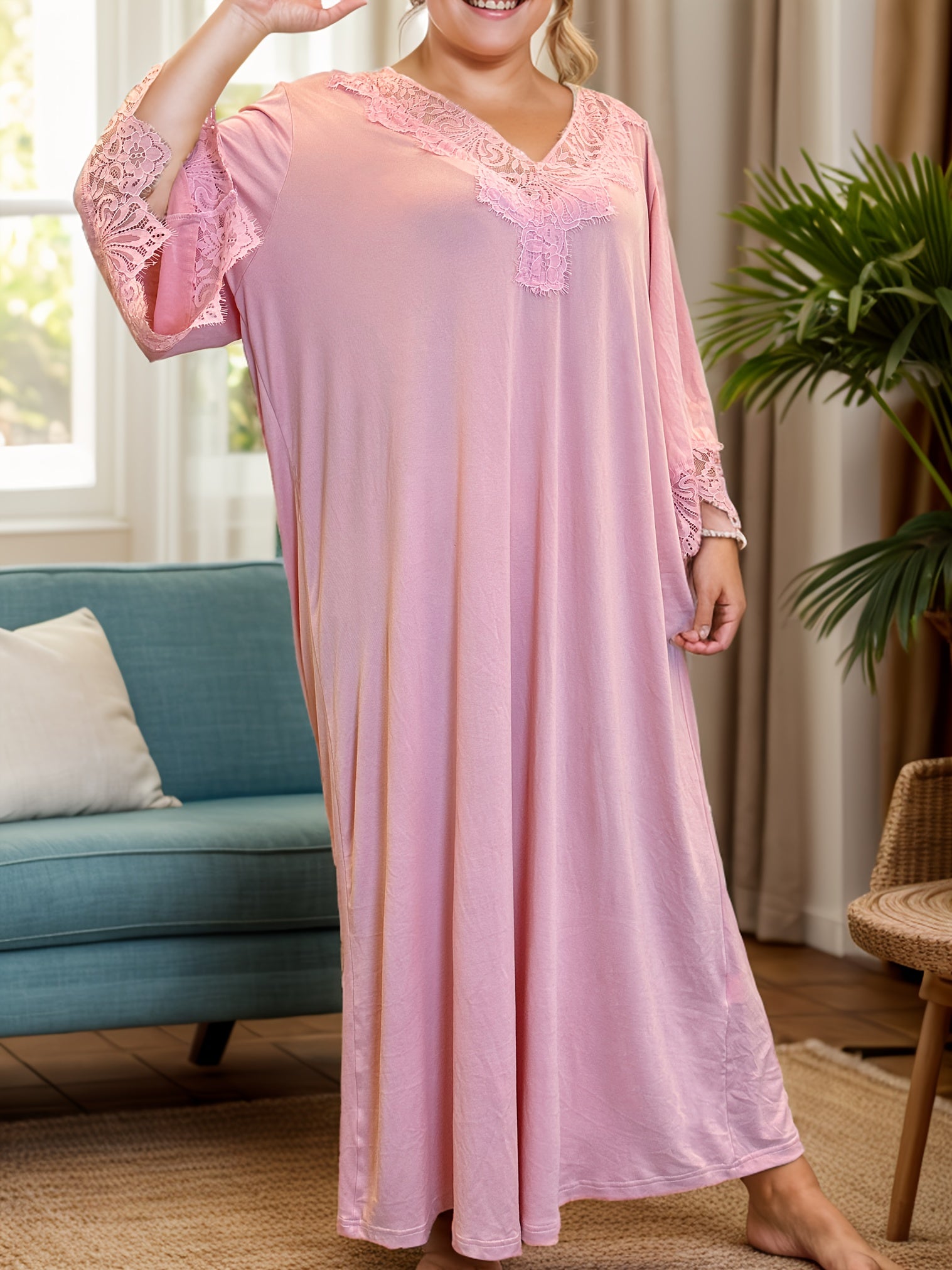 Женское ночное платье большого размера с кружевом, V-образный вырез, ночная одежда