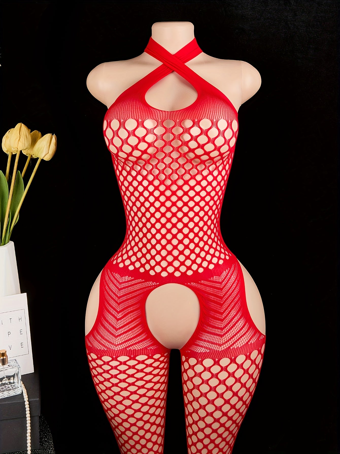 Women's Red Halter Fishnet Bodysuit Lingerie Open Crotch See-Through Hollow-Out