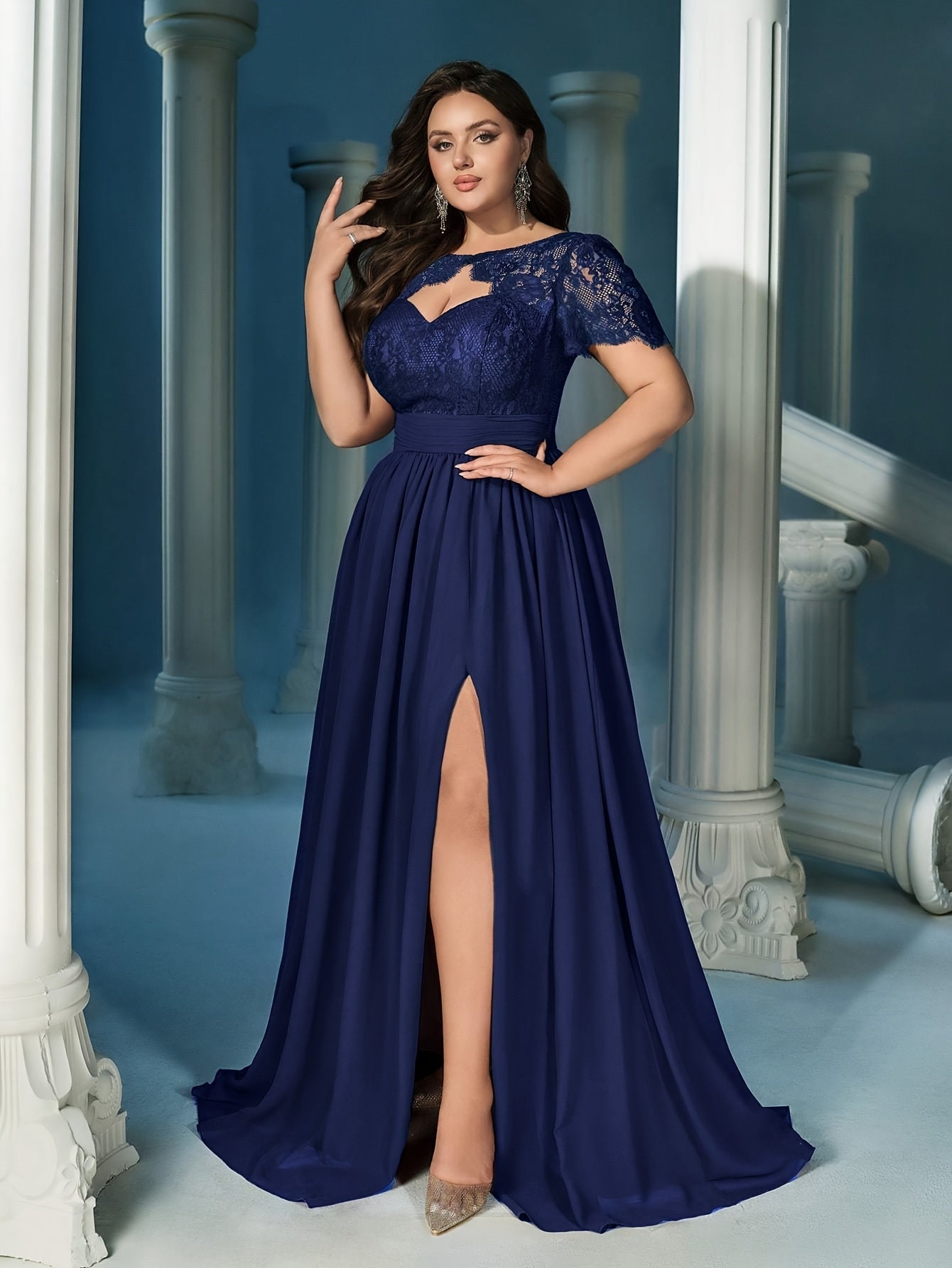 Vestido largo de noche de mujer talla grande con encaje, cintura alta, vestido formal