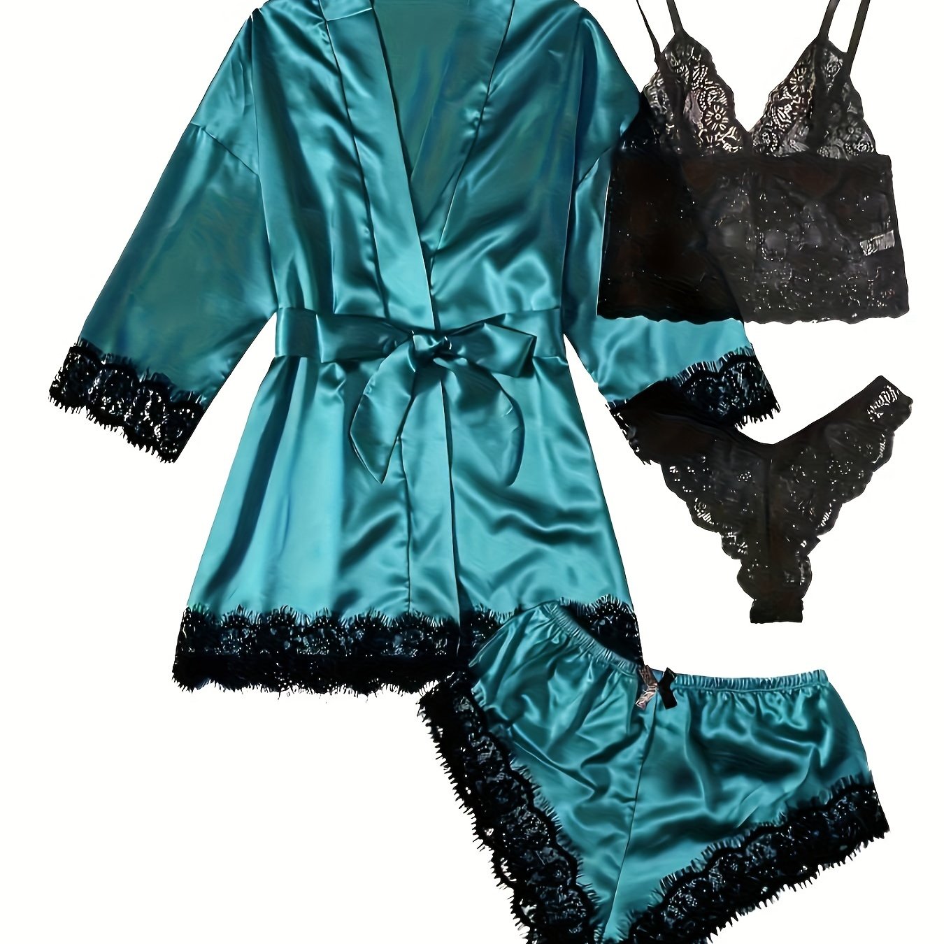 Lace Trim Sleepwear Set with Glossy Pajamas 4 Pieces for Adults