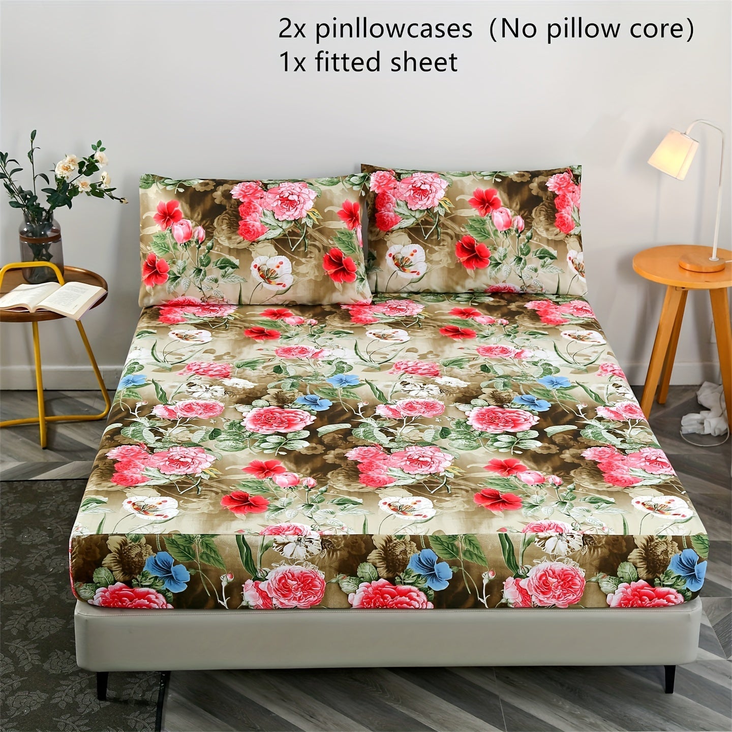Floral Print Bedding Set with Fitted Sheet and Pillowcases for Bedroom and Guest Room
