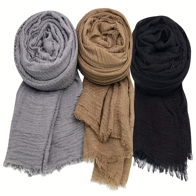 Set of 3 Solid Color Breathable Sunscreen Scarves with Fringe for Women