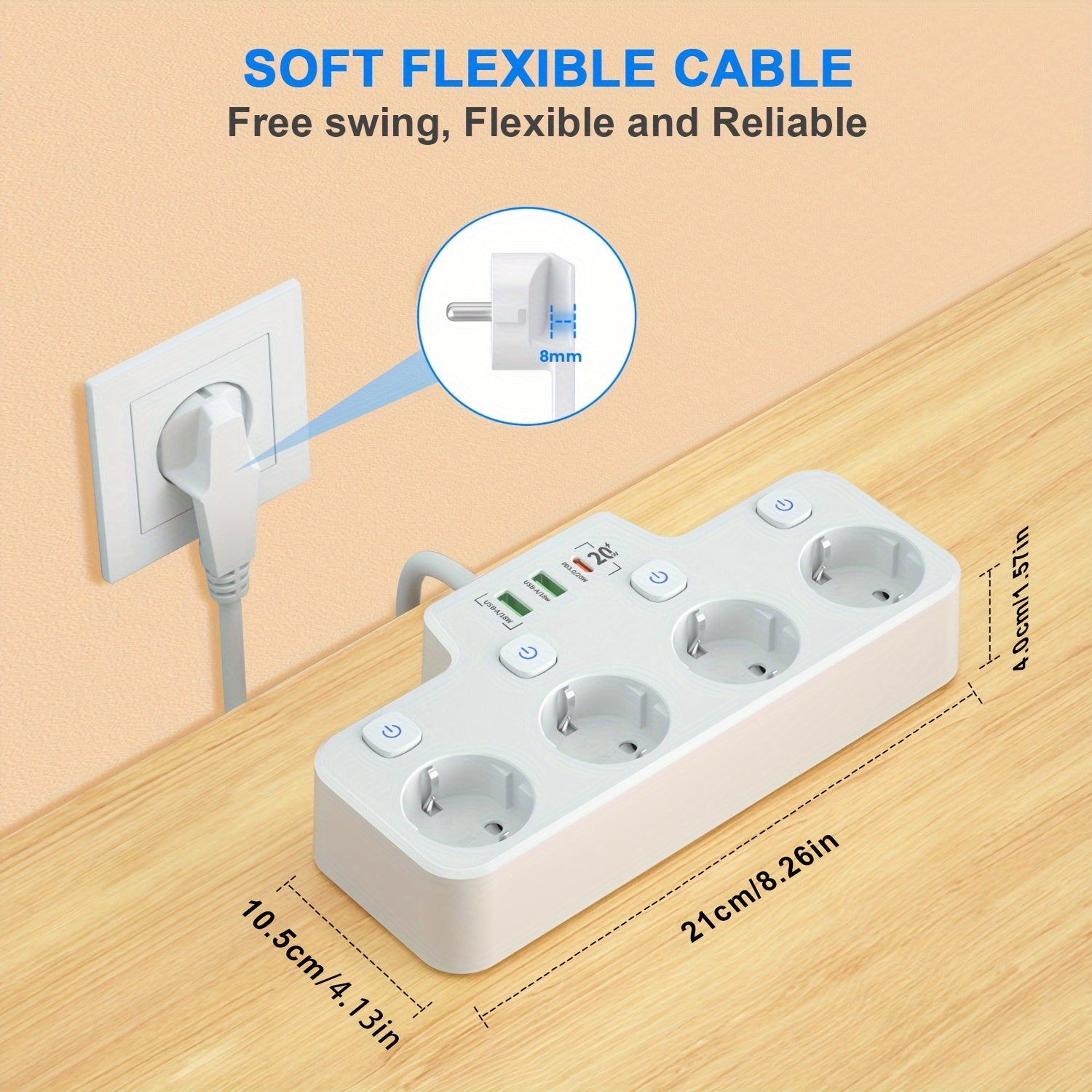 Power Strip with 4 Outlets USB Ports Surge Protector 2m Extension Cord European Plug