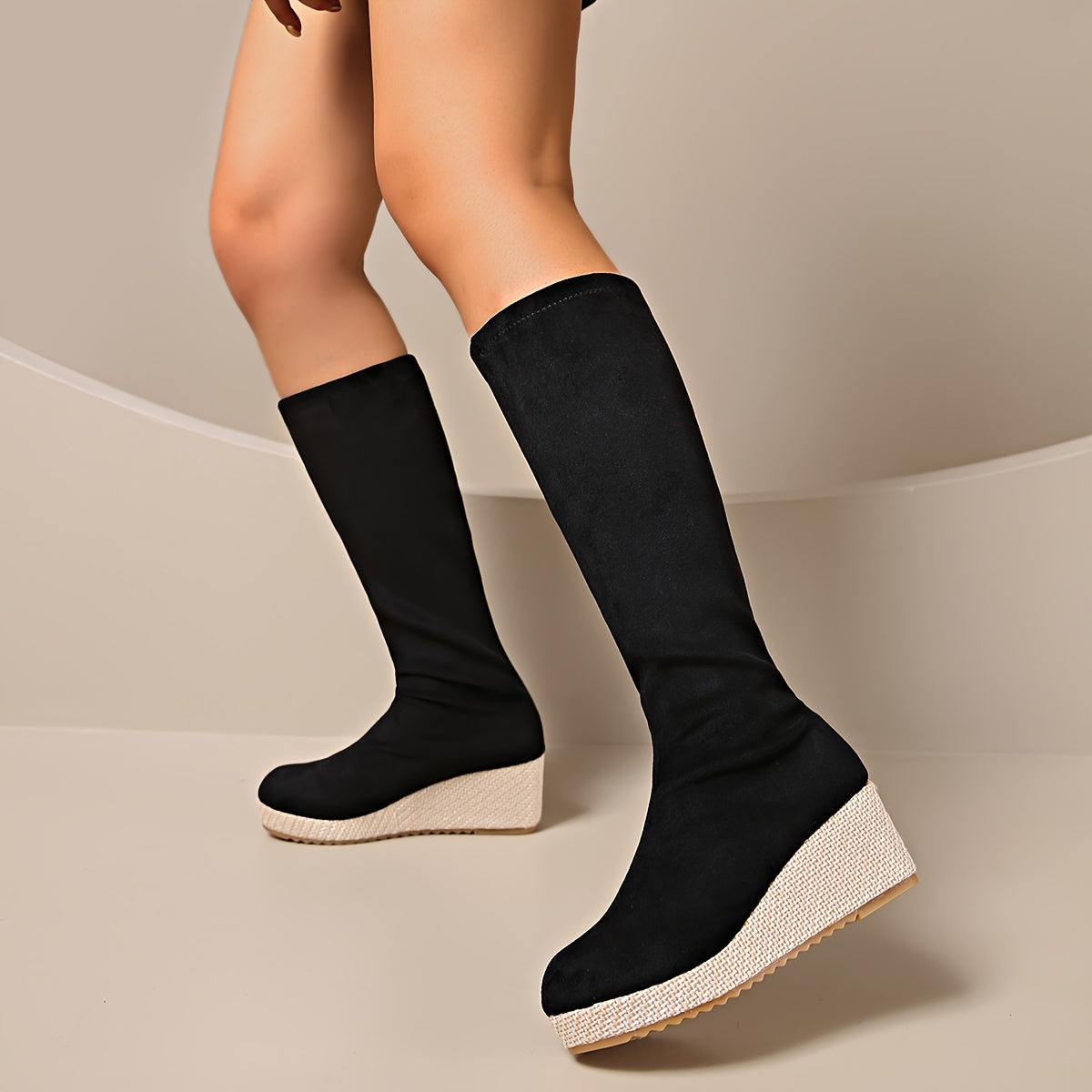 Women's Knee-High Fabric Boots Solid Color Wedge Heel Slip-On