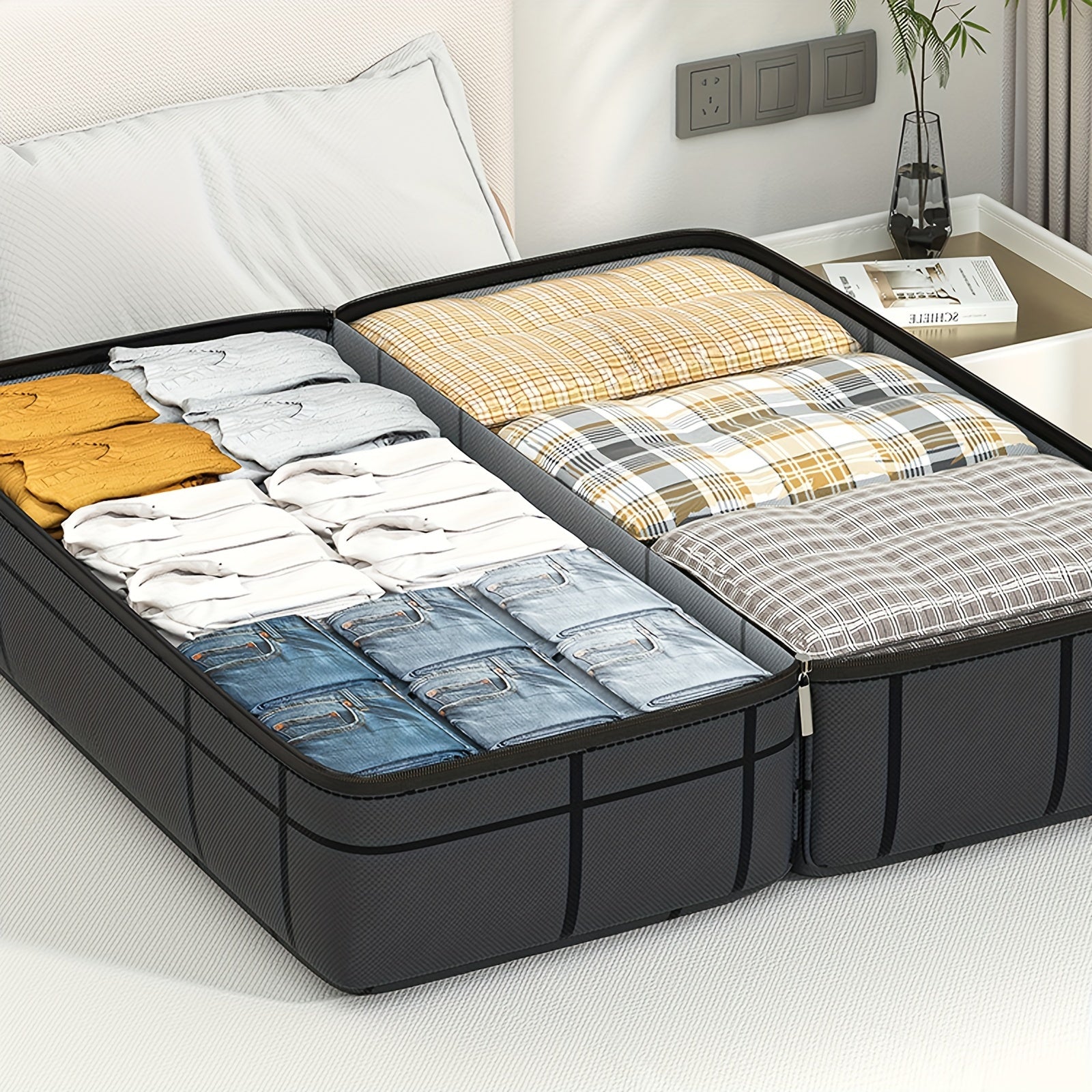 Katta harakatlanuvchi sumkalar, oson transport uchun ziplar va tutqichlar bilan, og'ir yuklarni saqlash uchun bardoshli no'vovon material, yotoqxona, uy, shkaf, kiyimlar va sayohat aksessuarlarini samarali tashkil etish va joyni tejash uchun ideal.