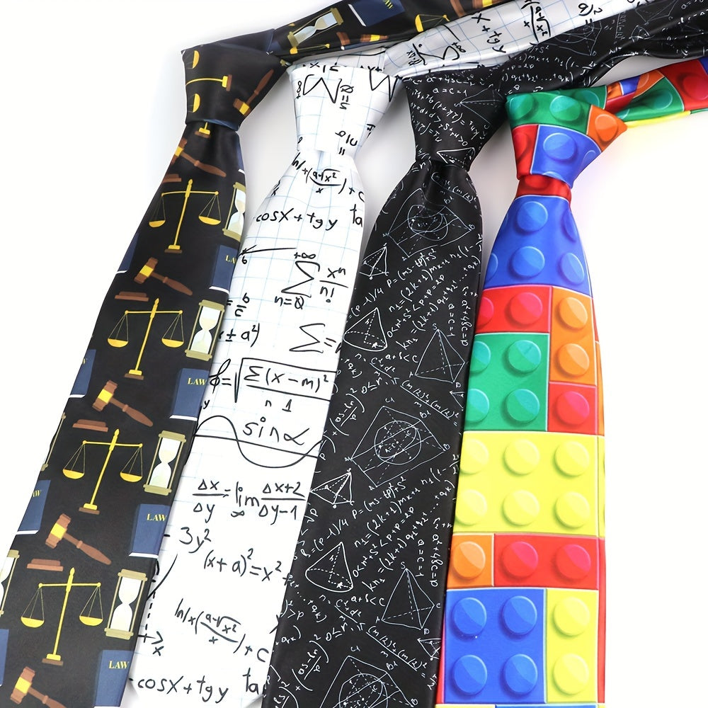 Silk-Like Printed Tie with Airplanes Planets Symbols Musical Notes Footballs for School Work Party