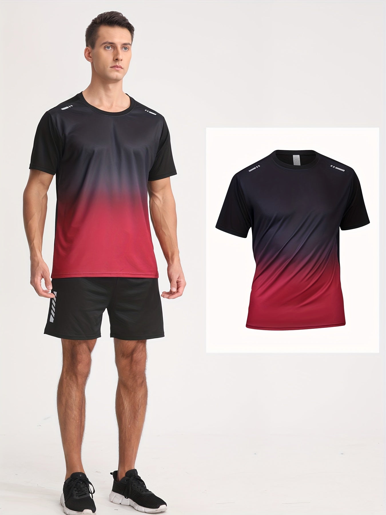 Men's Gradient Color Short Sleeve T-Shirt in Black to Blue Polyester Casual Summer